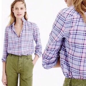 Like New J. Crew Purple Lilac Plaid Gathered Button Up Popover Shirt Top Size 0